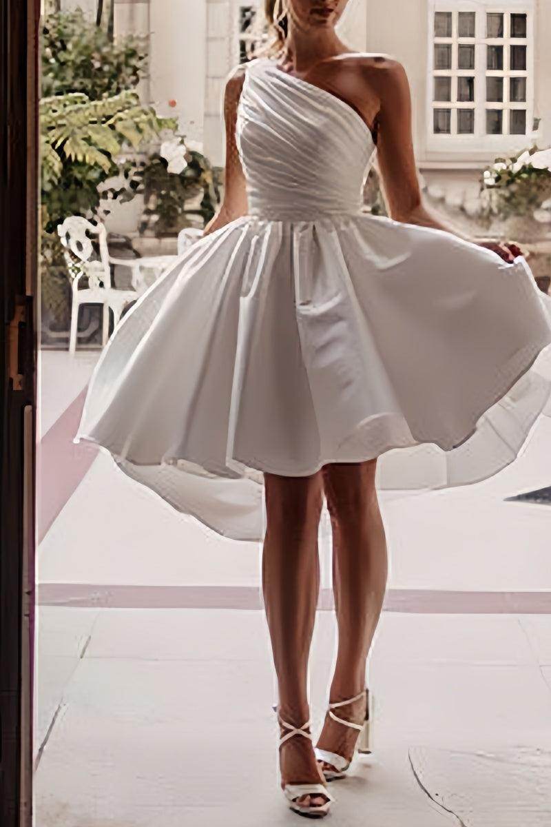 One Shoulder Satin Knee-Length Little White Dress CW3382 - COCOMELODY